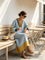 Light Blue Color Block V-Neck Linen Kaftan Maxi Dress