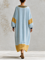 Light Blue Color Block V-Neck Linen Kaftan Maxi Dress