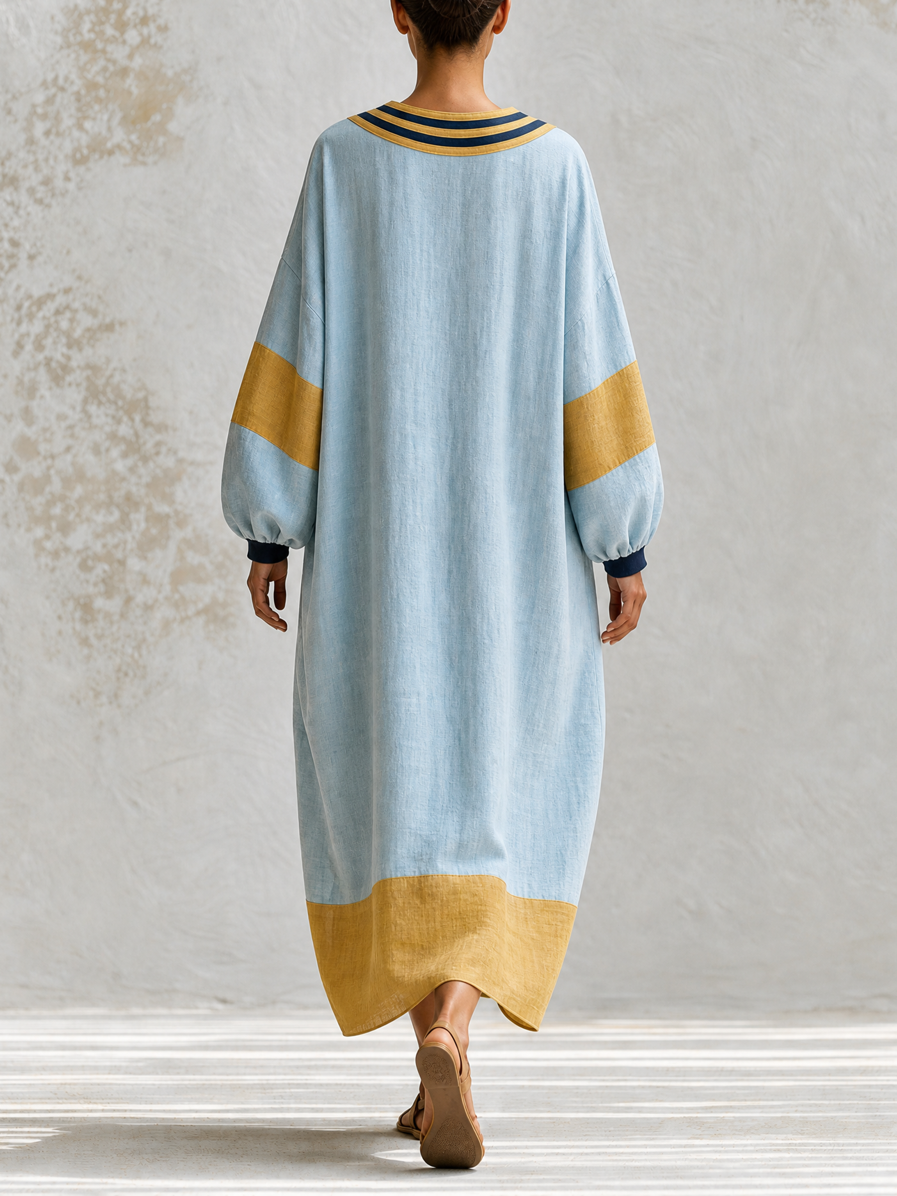 Light Blue Color Block V-Neck Linen Kaftan Maxi Dress