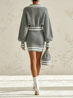 Women's V-Neck Knit Cardigan & Mini Skirt Set – Cozy Two Piece Sweater Outfit