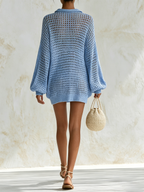 Light Blue Hollow Mesh Half-Zip Oversized Knit Mini Cover-Up Dress
