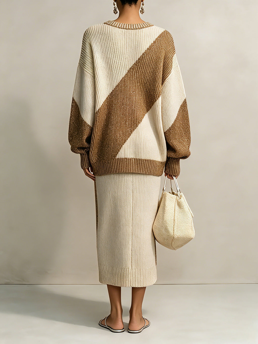Women’s Color Block V-Neck Knit Midi Dress – Oversized Long Sleeve Casual Sweater Dress
