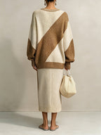 Women’s Color Block V-Neck Knit Midi Dress – Oversized Long Sleeve Casual Sweater Dress