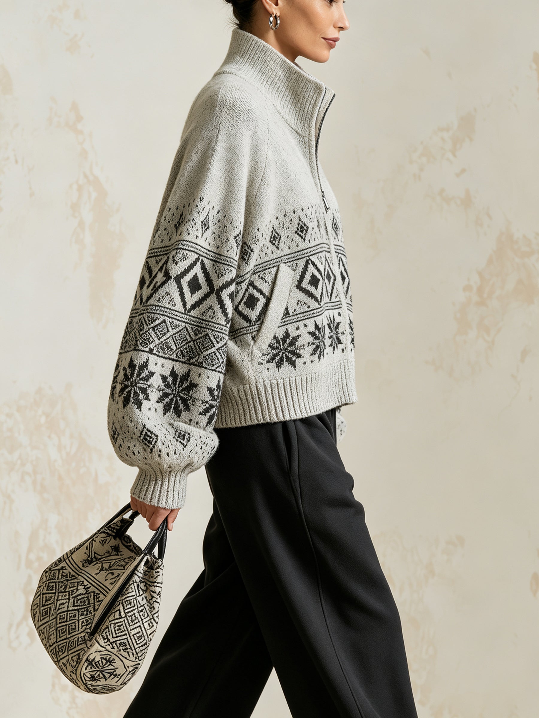 Nordic Pattern Knit Cardigan – Cozy Zip-Up Sweater Jacket