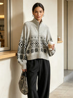Nordic Pattern Knit Cardigan – Cozy Zip-Up Sweater Jacket