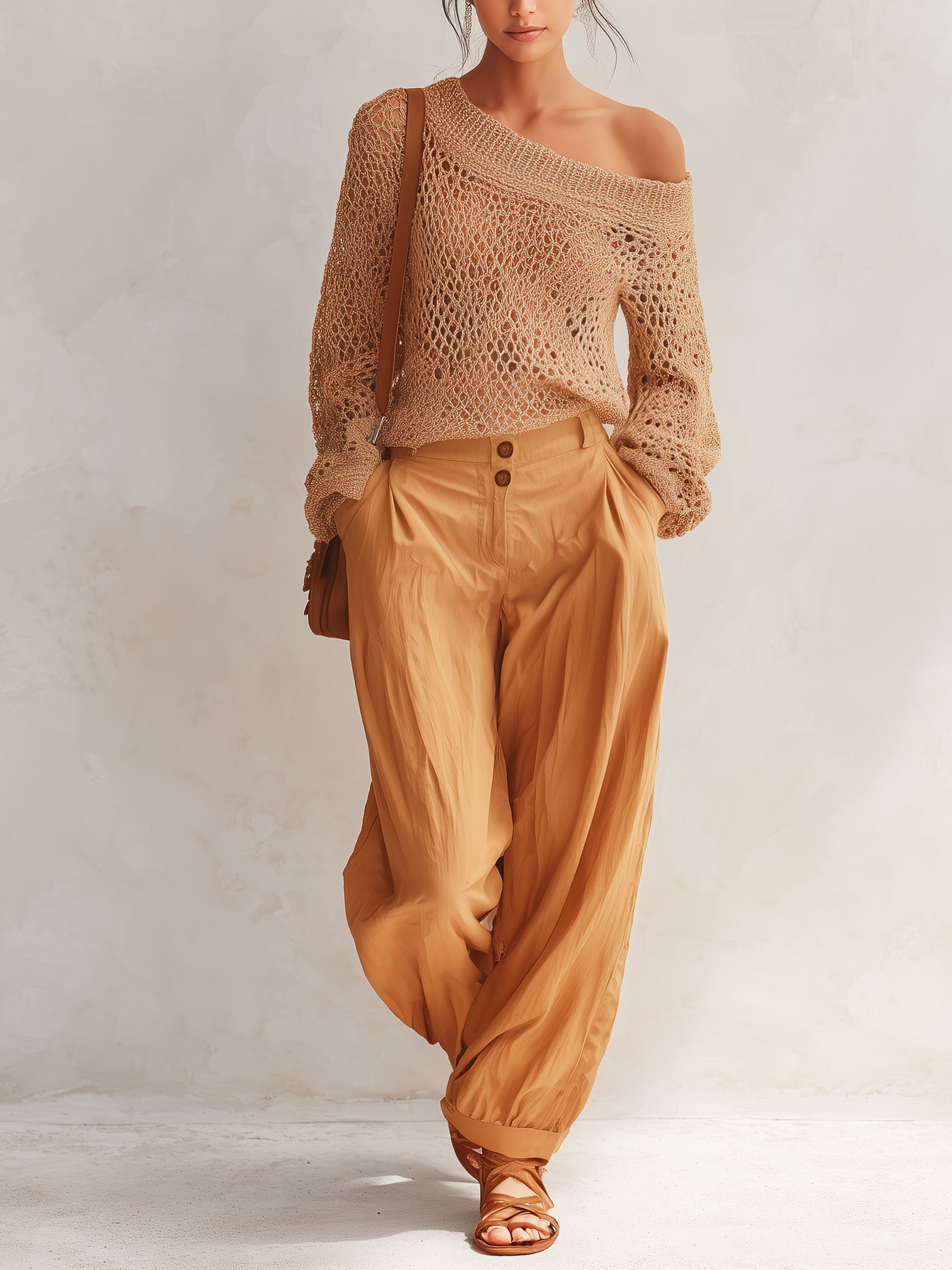 Women’s Off Shoulder Crochet Knit Sweater – Boho Long Sleeve Loose Fit Pullover Top