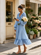 Romantic Ruffle Maxi Dress – V-Neck Long Sleeve Elegant A-Line Dress
