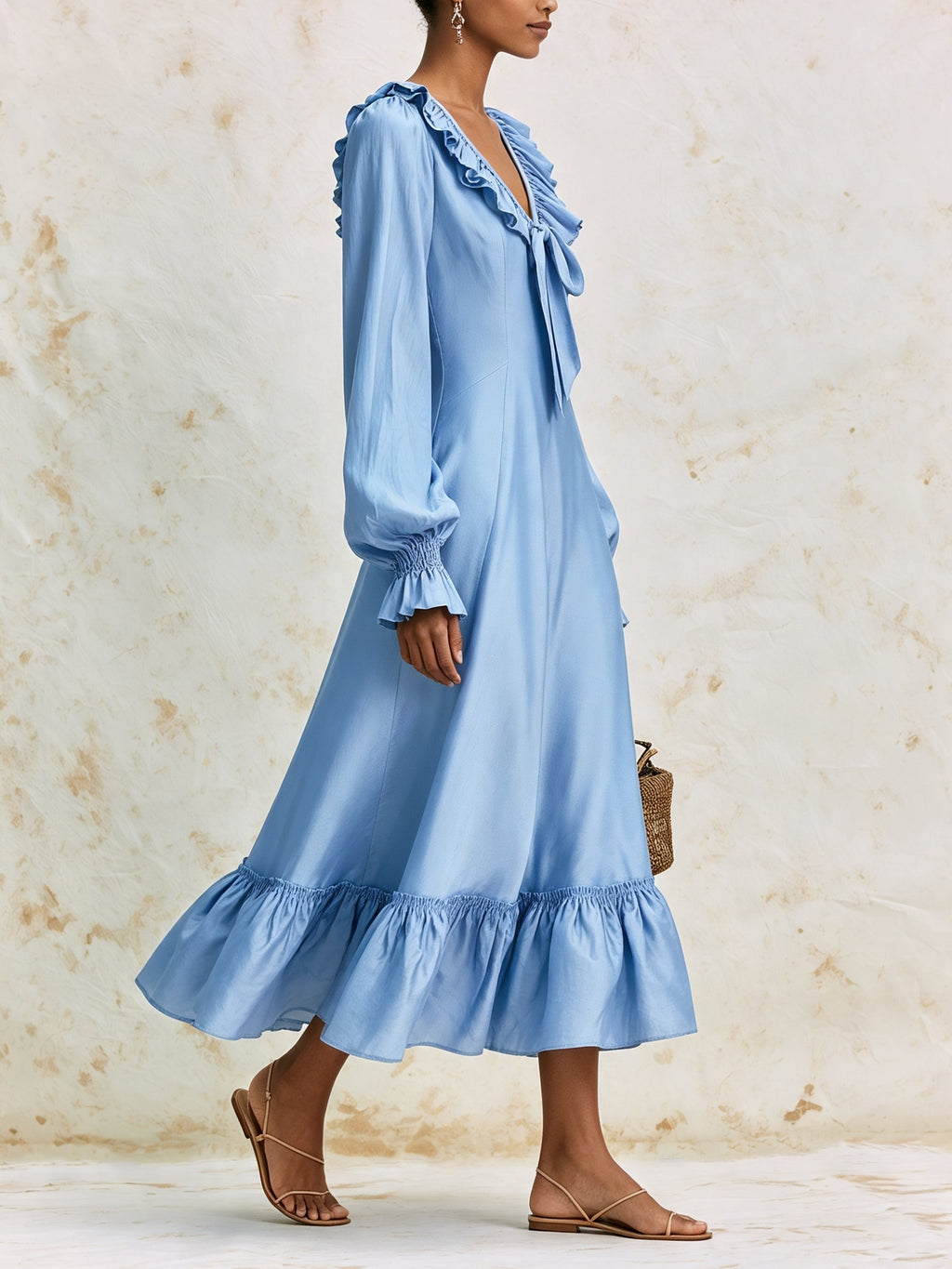 Romantic Ruffle Maxi Dress – V-Neck Long Sleeve Elegant A-Line Dress