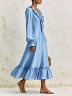 Romantic Ruffle Maxi Dress – V-Neck Long Sleeve Elegant A-Line Dress