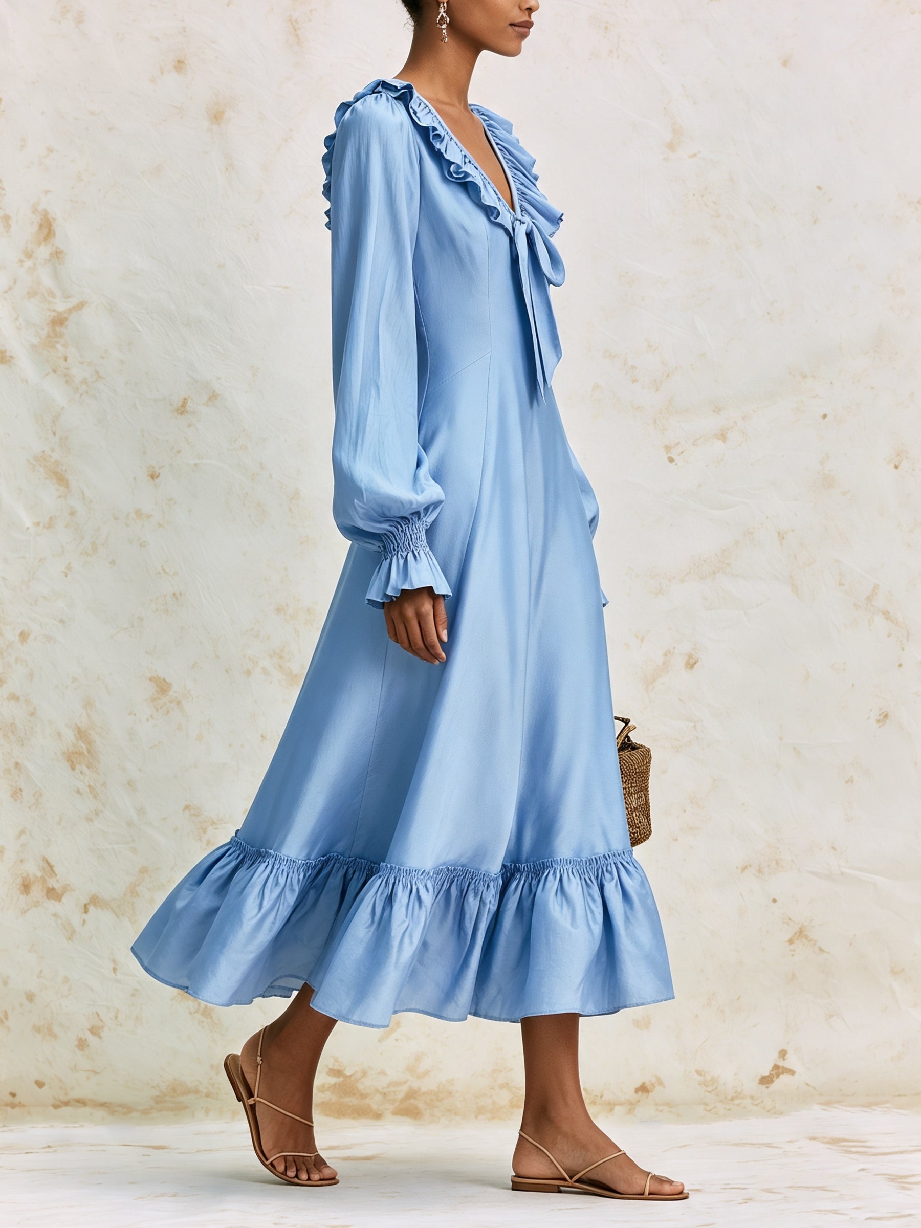 Romantic Ruffle Maxi Dress – V-Neck Long Sleeve Elegant A-Line Dress