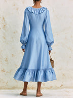 Romantic Ruffle Maxi Dress – V-Neck Long Sleeve Elegant A-Line Dress