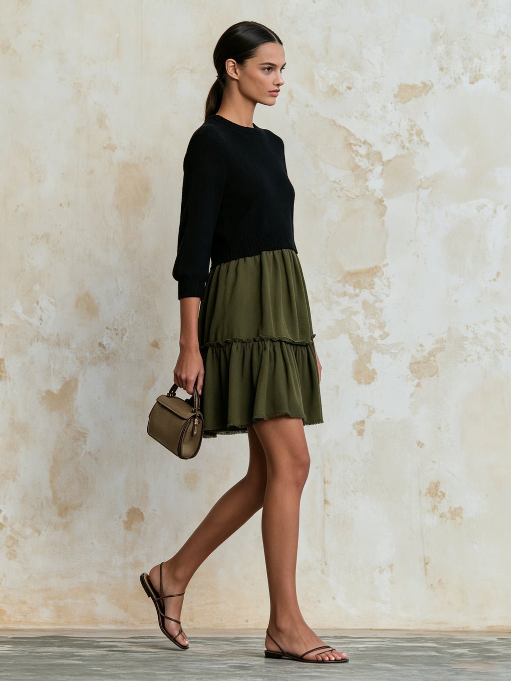 Elegant Contrast Knit Mini Dress – Casual Chic Long Sleeve Dress