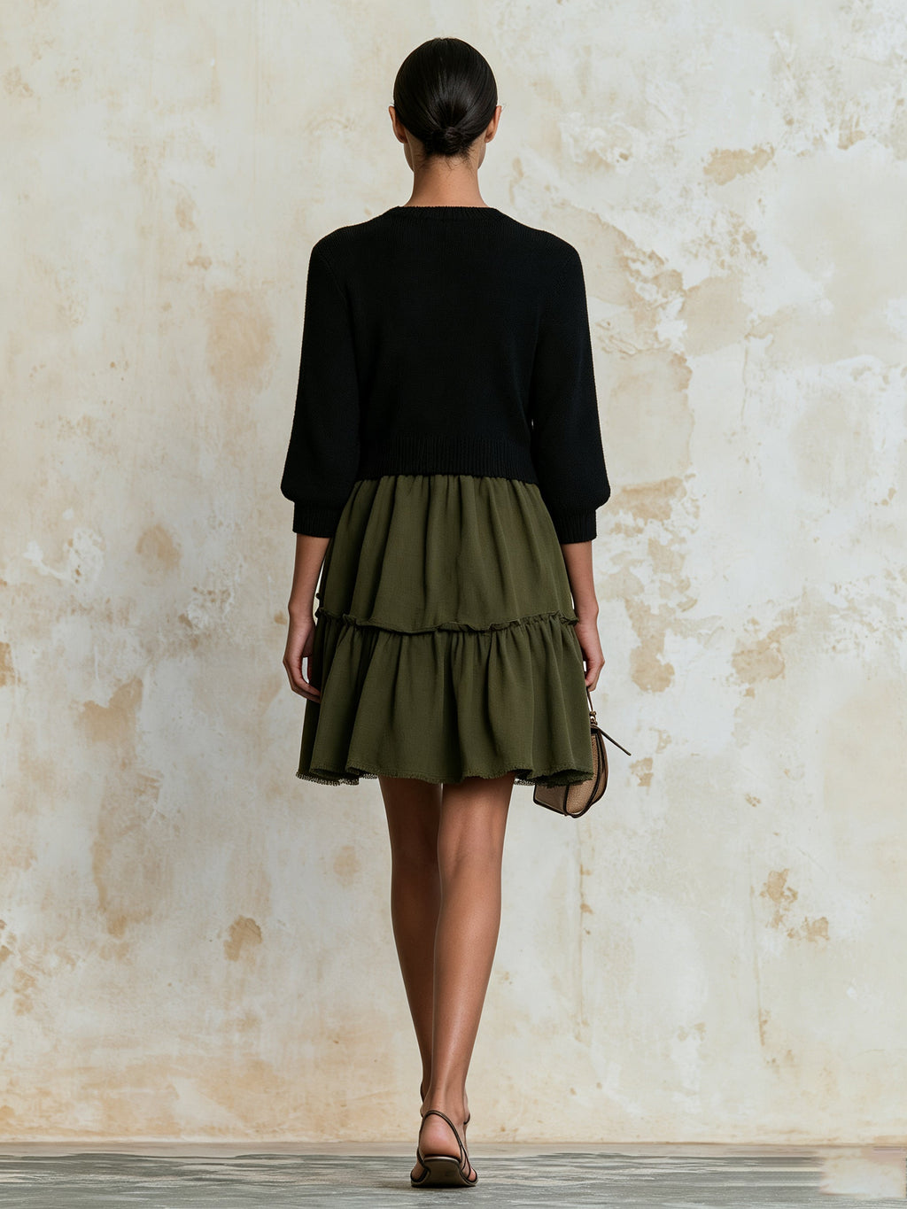 Elegant Contrast Knit Mini Dress – Casual Chic Long Sleeve Dress