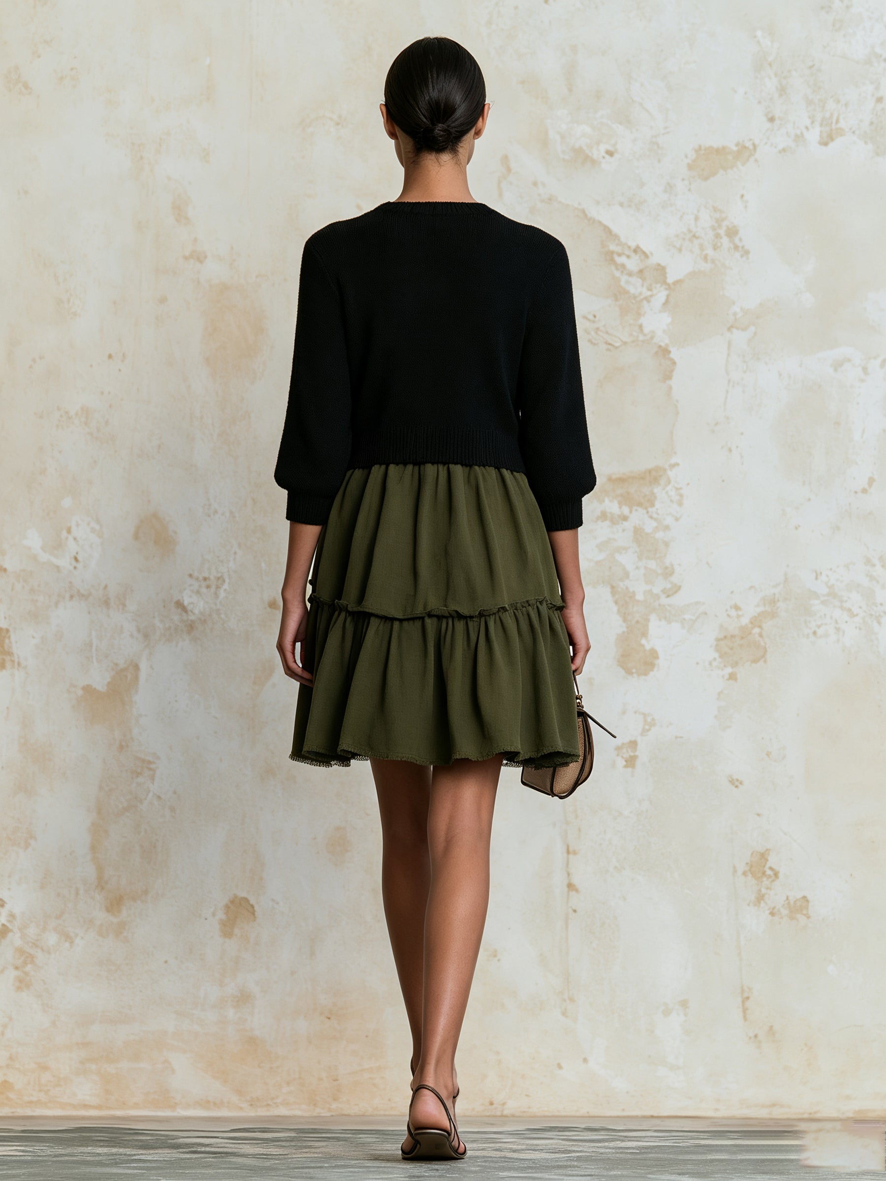 Elegant Contrast Knit Mini Dress – Casual Chic Long Sleeve Dress