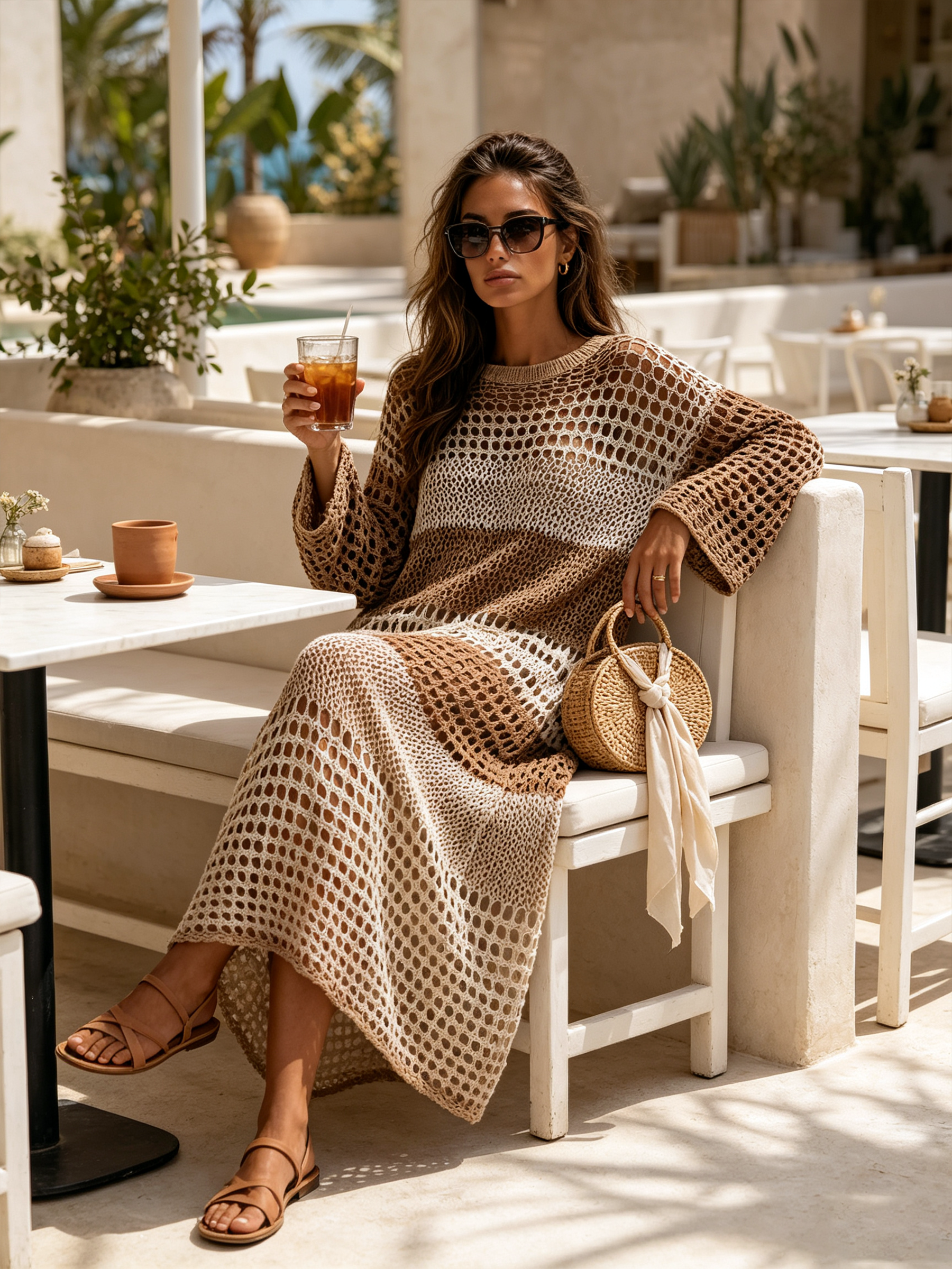 Gradient Brown Stripe Hollow Crochet Knit Maxi Cover-Up Dress