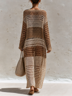 Gradient Brown Stripe Hollow Crochet Knit Maxi Cover-Up Dress