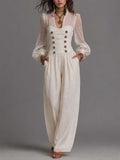 Vintage Napoleonic Style Sheer Sleeve Button Front Wide Leg Jumpsuit