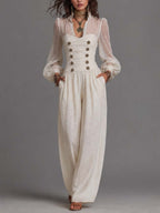 Vintage Napoleonic Style Sheer Sleeve Button Front Wide Leg Jumpsuit