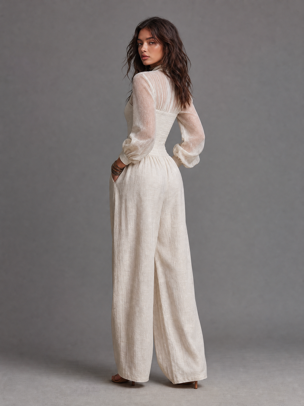 Vintage Napoleonic Style Sheer Sleeve Button Front Wide Leg Jumpsuit