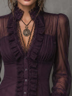 Gothic Stand V Neck Button Front Lace Trim Flare Cuff Long Sleeve Sheer Chiffon Fitted Blouse