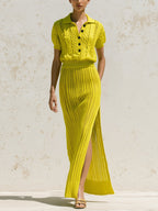 Women's Cable Knit Polo Top & Side Slit Maxi Skirt Set – Elegant Two Piece Sweater Outfit