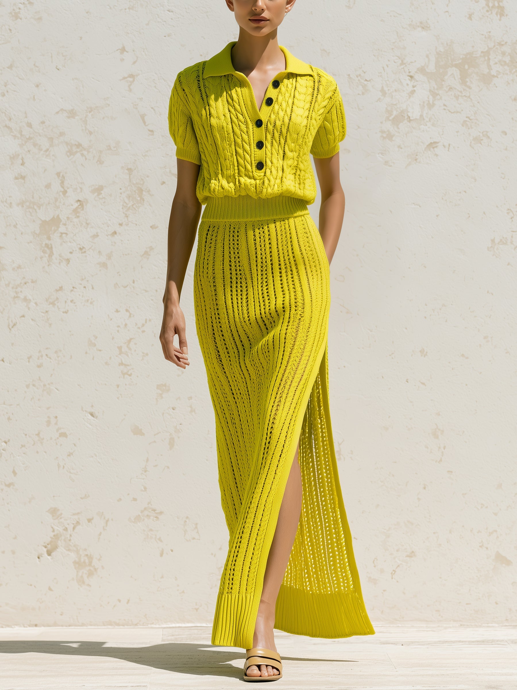 Women's Cable Knit Polo Top & Side Slit Maxi Skirt Set – Elegant Two Piece Sweater Outfit
