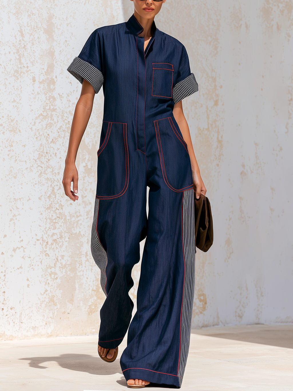Navy Workwear Contrast Red Stitch Striped Panel Wide Leg Jumpsuit