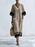 V-Neck Contrast Trim Knit Midi Dress