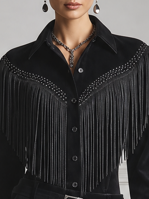 Black Studded Fringe Button Front Blouse