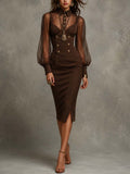 Collared Half Placket Stripe Mesh Puff Sleeve Double Breasted Button Front Slit Hem Midi Bodycon Dress