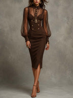 Collared Half Placket Stripe Mesh Puff Sleeve Double Breasted Button Front Slit Hem Midi Bodycon Dress