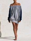 Off-Shoulder Color Block Knit Mini Dress – Relaxed Oversized Sweater Dress