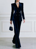 Navy Velvet Double-Breasted Blazer & Wide-Leg Pants Suit Set