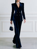 Navy Velvet Double-Breasted Blazer & Wide-Leg Pants Suit Set