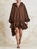 Brown Ruffle Hem Half-Zip Hoodie Dress