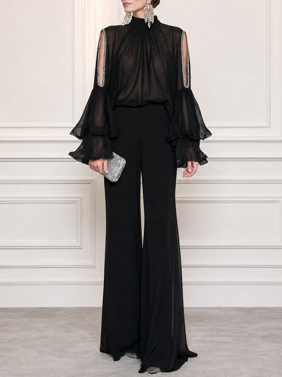 Sheer Chiffon High Neck Cold Shoulder Ruffle Sleeve Blouse with Wide Leg Pants Set