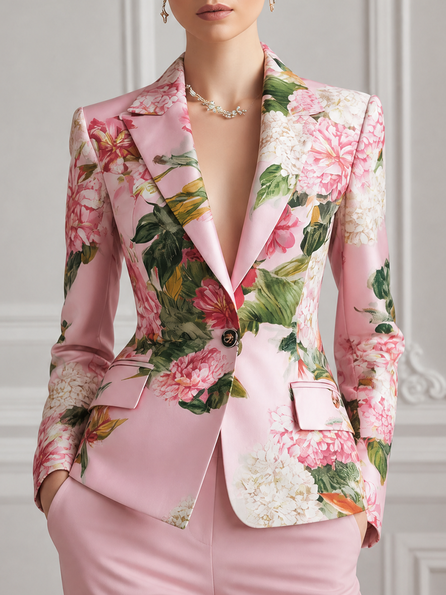 Pink Floral Satin Tailored Blazer