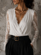 Elegant Surplice V Neck Sheer Lace Sleeve Blouse