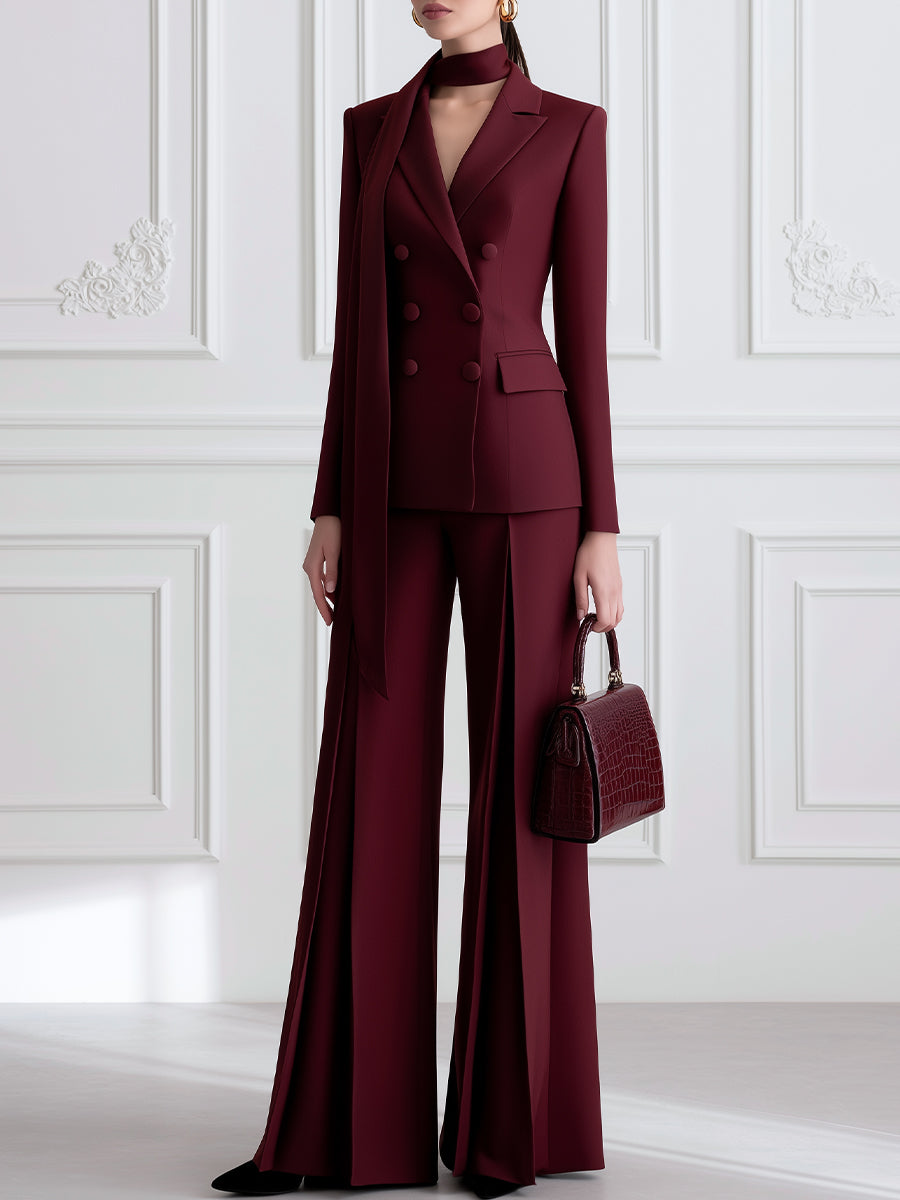 Burgundy Double-Breasted Blazer with Wide-Leg Trousers Suit Set