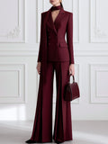 Burgundy Double-Breasted Blazer with Wide-Leg Trousers Suit Set