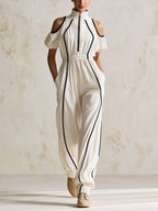 Women's Cold Shoulder Zip-Up Jumpsuit – High Neck Puff Sleeve Casual Wide Leg Romper