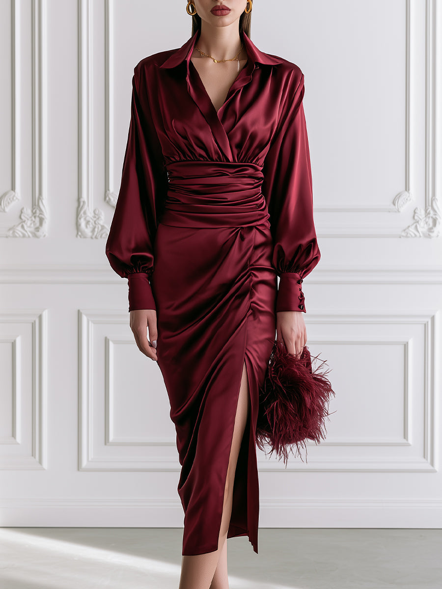 Wine Red Satin Wrap-Style Ruched Midi Dress with Long Puff Sleeves