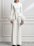 Feather-Cuff Long Sleeve Peplum Top & Flare Pants Two-Piece Set