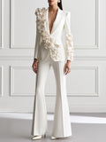 Floral Applique Deep V-Neck Blazer & Flared Trousers Suit Set