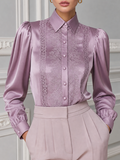 Mauve Satin Lace Puff Sleeve Button Front Blouse
