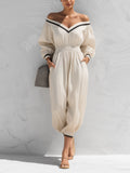 Women's Off Shoulder Long Sleeve Jumpsuit – Elastic Waist Casual Loose Fit Romper With Pockets