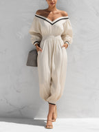 Women's Off Shoulder Long Sleeve Jumpsuit – Elastic Waist Casual Loose Fit Romper With Pockets