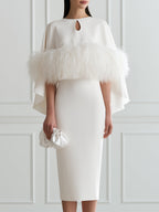 Elegant White Feather Trim Cape Sleeve Bodycon Midi Dress