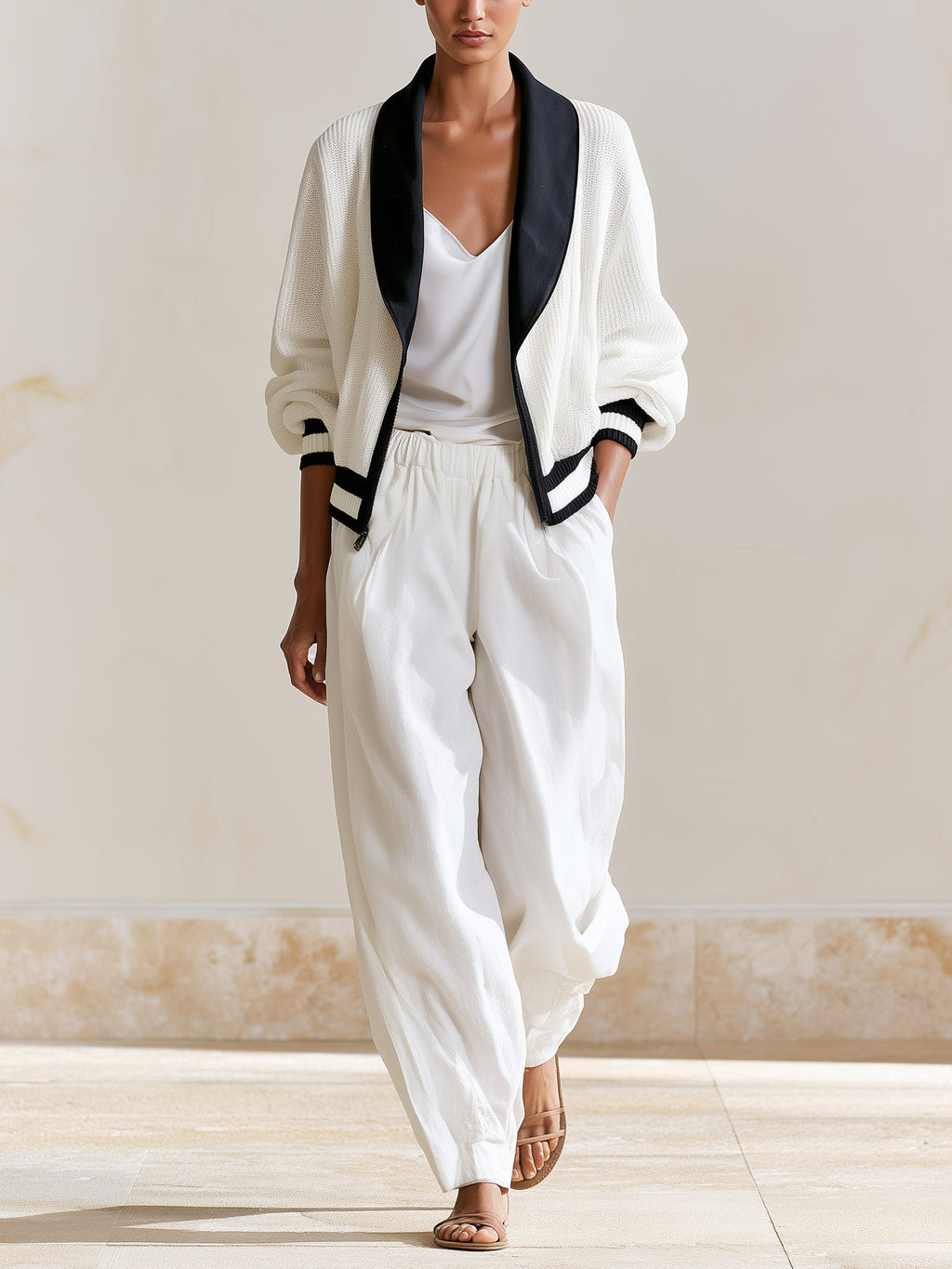 Minimalist Contrast Knit Cardigan & Wide-Leg Pants Set – Elegant Casual Two-Piece Outfit