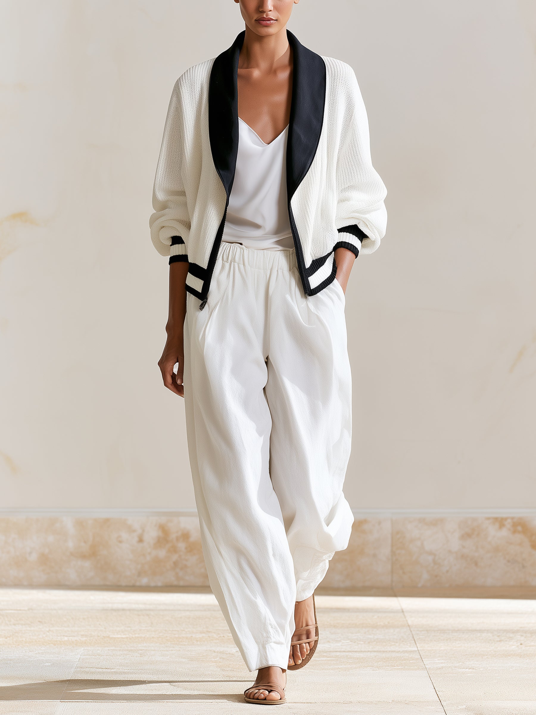 Minimalist Contrast Knit Cardigan & Wide-Leg Pants Set – Elegant Casual Two-Piece Outfit